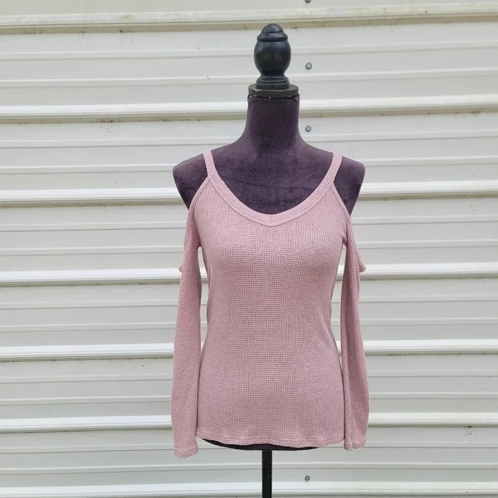 Promesa Top Shirt Womens Blush Pink Waffle Stretch Cold Shoulder Long Sleeve S